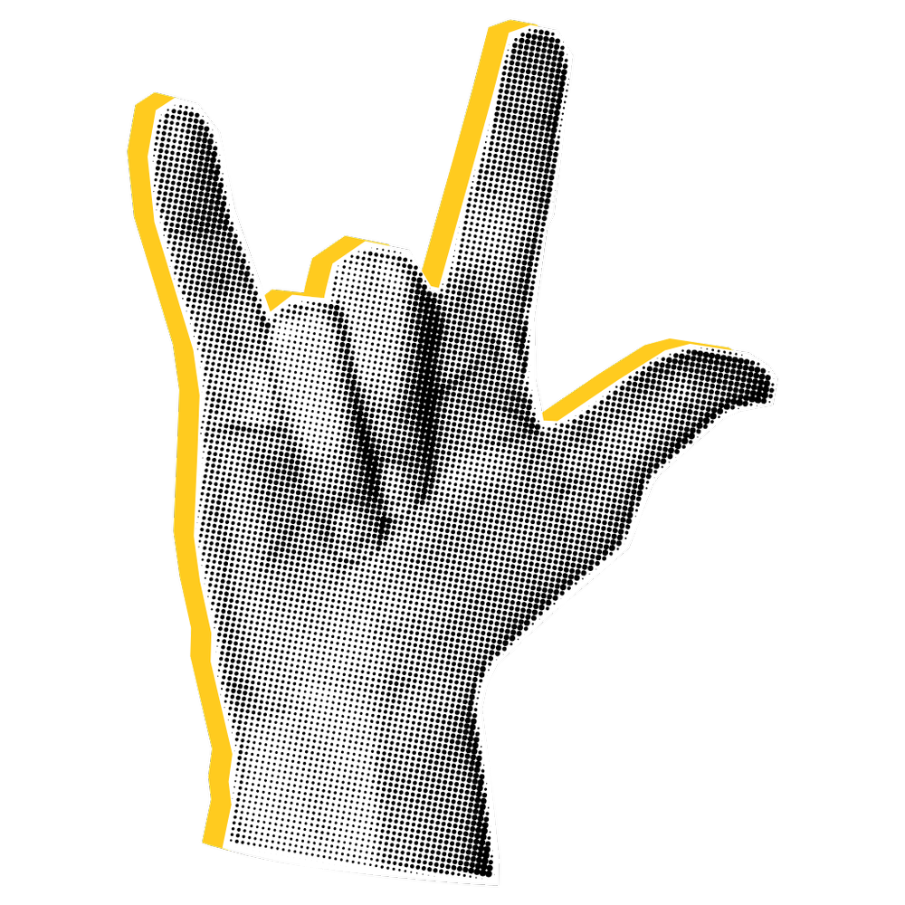 Halftone-Illustration einer Hand mit Rock-and-Roll-Geste, gelb umrandet auf schwarzem Hintergrund