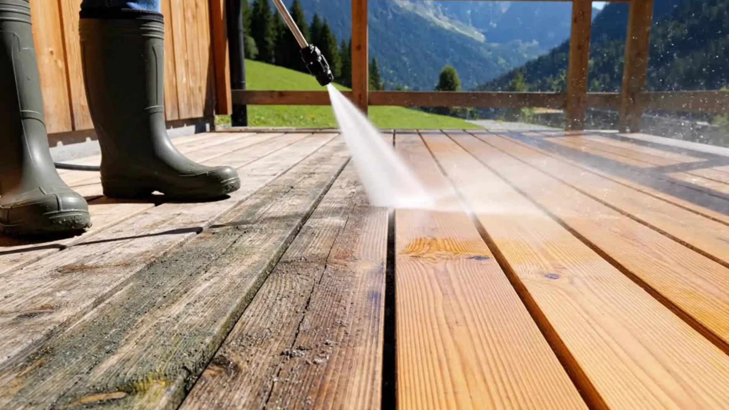 Person reinigt einen Holzboden mit einem Hochdruckreiniger, im Hintergrund eine grüne Landschaft mit Bergen.